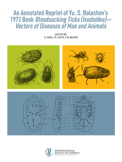 book cover, with title at top, "An Annotated Reprint of Yu. S. Balashov's 1972 Book Bloodsucking Ticks (Ixodoidea)—Vectors of Diseases of Man and Animals." below are three colored blocks with sketches from the book. top left is a square green box with three diagrams of a tick. top right is a yellow box with four diagrams. bottom is a gray rectangle with three diagrams of detailed anatomy of a tick. ESA logo at bottom center.