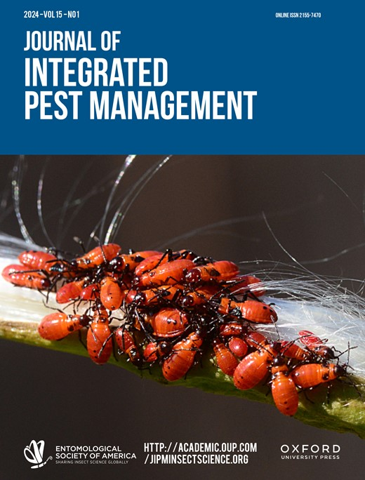 Cover of the Journal of Integrated Pest Management, featuring a close-up of numerous small red and black insects clustered on a plant stem. Text includes volume and issue number, publication year, and journal website.