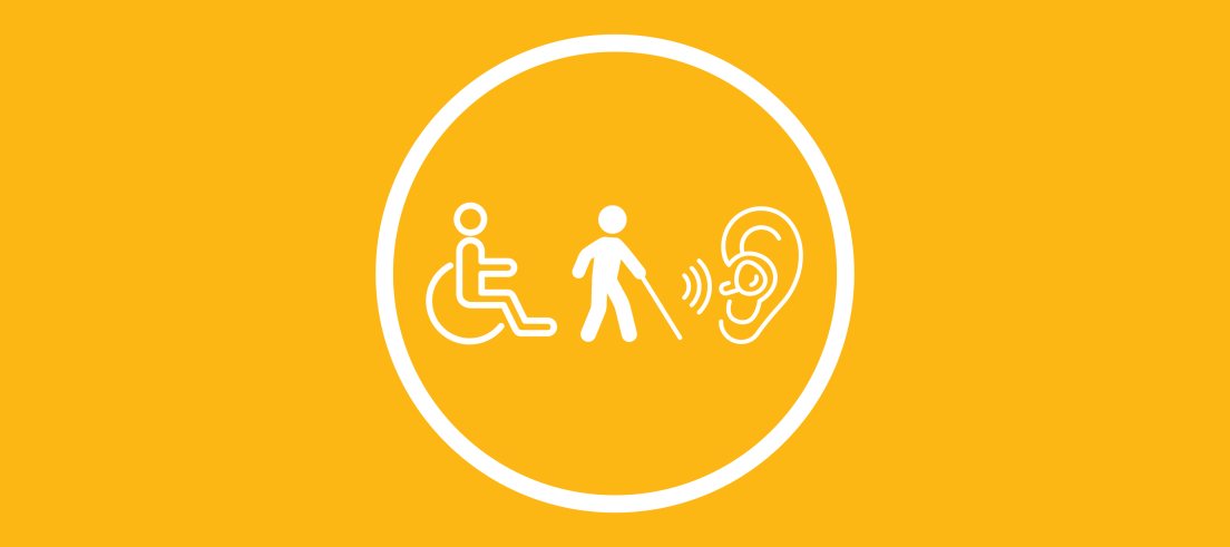 Yellow background with white accessibility icons surrounded by white circle.