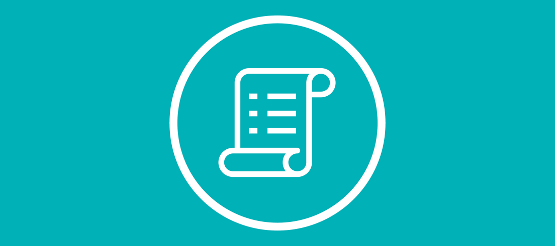 Blue background with white code of conduct icon surrounded by white circle.