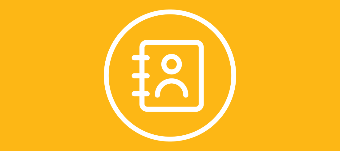 Yellow background with white contacts icon surrounded by white circle.