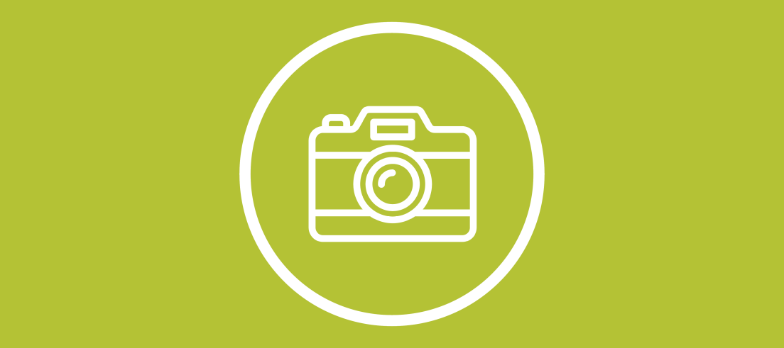Green background with white camera icon surrounded by white circle.