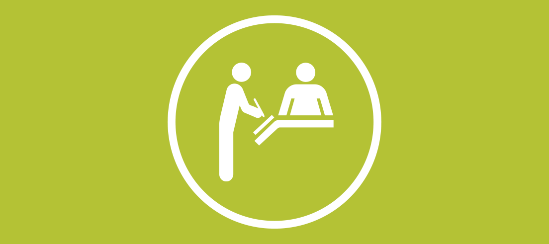 Green background with white registration desk icon surrounded by white circle.