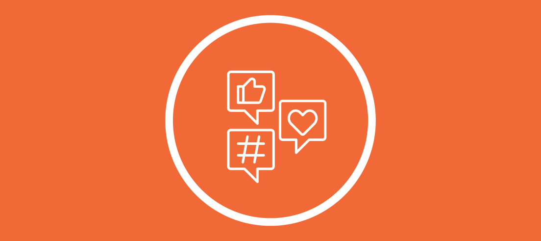 Orange background with white social media icons surrounded by white circle.