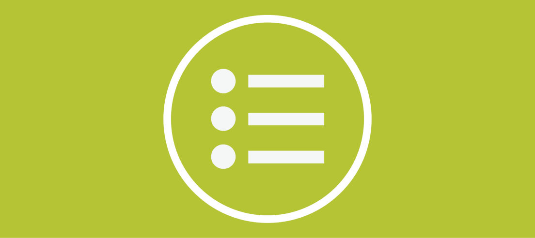 Green background with white list icon surrounded by white circle.